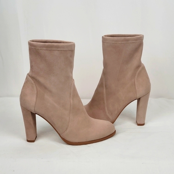 Stuart Weitzman Highland Nude Stretch Suede Block Heels Annkle Boots size 7.5 M - Picture 2 of 10